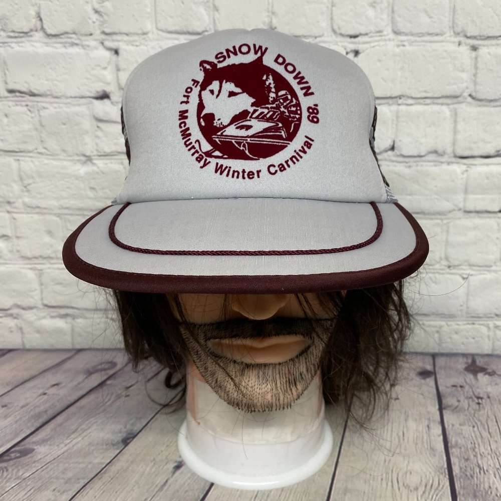 Vintage Trucker Hat Mesh Cap Gray 3 Stripes Fort McMurray Snow Down '89 Carnival